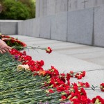 Red carnations were laid in honor of the fallen soldiers at the marble memorial. Symbol of victory ,Selective focus.A hand puts red carnations on a granite gravestone. Memory of the dead